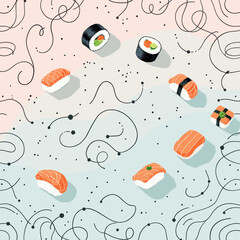 eight sushi rolls in various shapes and sizes, scattered across a light blue background with black swirls and dots.