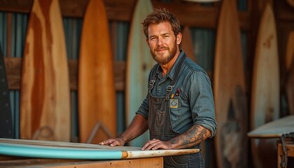 Craftsman in denim shirt working on surfboard in warm workshop with wooden decor