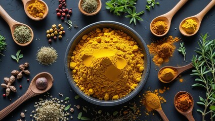 Turmeric Powder in a Bowl with Fresh Turmeric Roots 