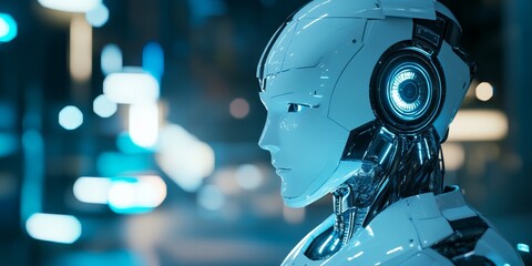 Fototapeta premium 3D render of an AI robot head in profile, looking at the camera, wearing white and blue futuristic , with a blurred dark cyan room with lights in the background.