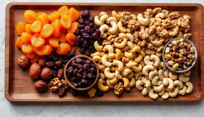 Una bandeja de madera con orejones, pasas, anacardos, nueces y un plato de nueces mixtas, colocada sobre una superficie blanca texturizada