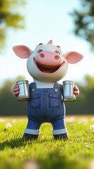 A cute funny cow in a denim jumpsuit, holding two cans of milk in her paws. A bright spring background,