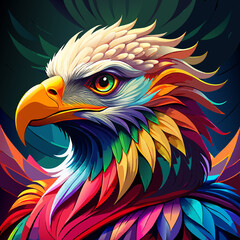Fototapeta premium Vibrant Eagle Portrait – Psychedelic Feathers, Rainbow Hues, and Fierce Yellow Eye in Abstract Fantasy Art
