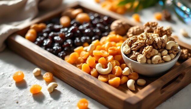 Una bandeja de madera con orejones, pasas, anacardos, nueces y un plato de nueces mixtas, colocada sobre una superficie blanca texturizada