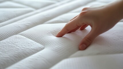 A hand is pressing gently on a white mattress with a quilted pattern. The action might be to test the mattress's softness or firmness.