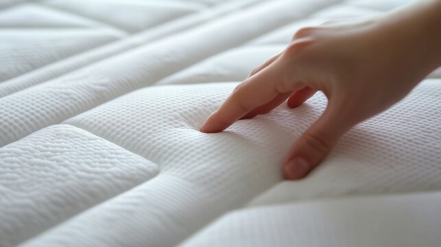 A hand is pressing gently on a white mattress with a quilted pattern. The action might be to test the mattress's softness or firmness.