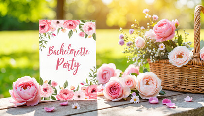  Bachelorette party sign with pink roses outdoors. invitation, anniversary, bachelorette party, birthday, wedding, copy space