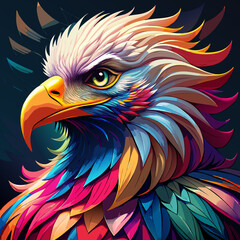 Vibrant Eagle Portrait – Psychedelic Feathers, Rainbow Hues, and Fierce Yellow Eye in Abstract Fantasy Art

