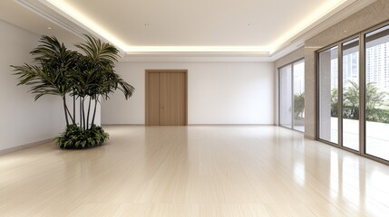 Obraz premium Empty modern apartment living room with large window and city view