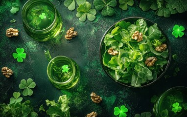 Flying mixed greens salad with citrus vinaigrette and glowing walnuts St Patrick Day