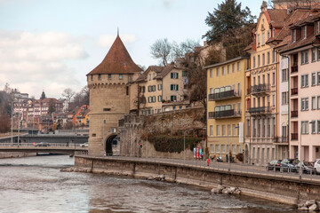 Naklejka premium Switzerland, Lucerne. Historical and modern architecture along the Reuss River