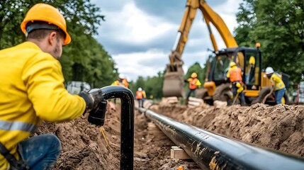 Construction Workers Collaborating on Pipeline Installation in Urban Environment