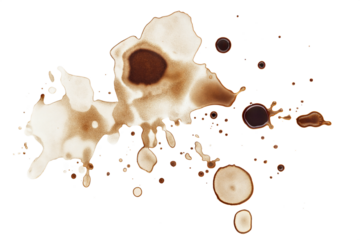 Abstract coffee stains and splashes in various shapes and sizes, creating a textured pattern, isolated on white background