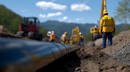 Construction Workers Collaborating on Pipeline Installation in Urban Environment