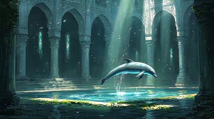 Obraz premium Enchanting Dolphin Leaps in Ancient Sunlit Ruins Fantasy Art Aquatic Scene