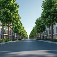 3D Rendered Wide Asphalt Road Between Modern Apartments with Green Trees PNG