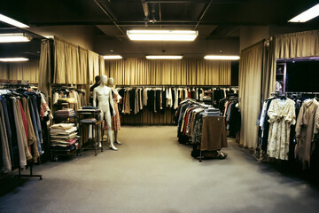 Retail store showroom interior from the 2000s showcasing clothing racks, mannequins, and a cash register