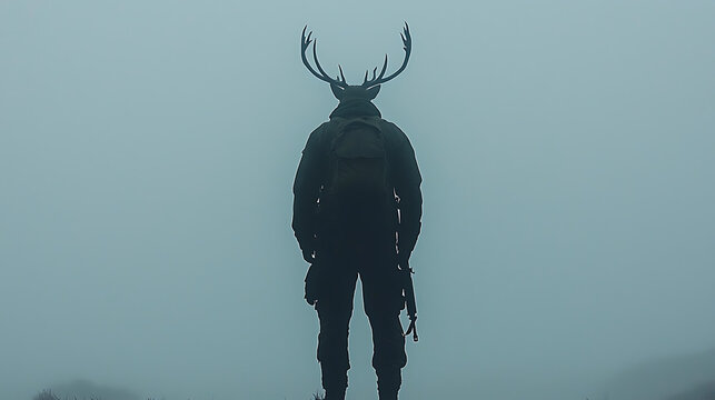 Mysterious Figure with Antlers in Foggy Landscape Back View Carrying Backpack and Rifle