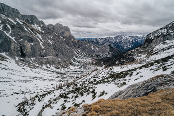 Winter mountain landscape of Hochschwab mountains, Austria. Winter rocky landscape.