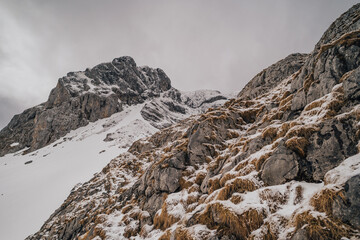 Winter mountain landscape of Hochschwab mountains, Austria. Winter rocky landscape.