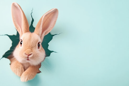  bunny peeks adorably from a wall hole, featuring oversized ears and fluffy cheeks. The exaggeratedly cute expression evokes a playful, whimsical charm that's irresistible.