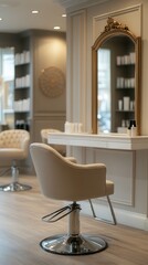 Elegant Salon Interior Featuring Modern Styling Chair and Vanity Mirror. Generative AI
