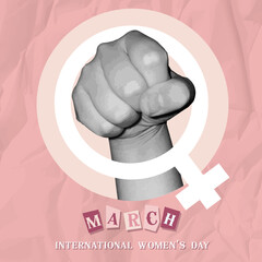 Collage hand raised with female symbol isolated , International Women's Day ,Halftone Collage banners for International Women's day decoration. 