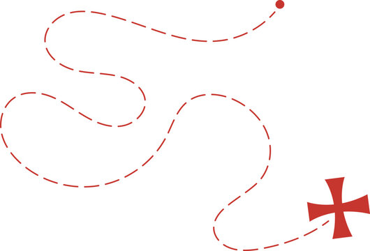Treasure map element. A reddashed line and red X mark ink on the map, the treasure map with a dotted line, X marks the spot, dashed line to an X	
