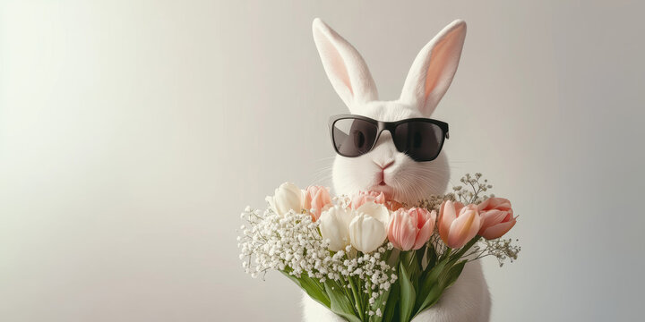 A modern depiction of Easter featuring a chic white bunny wearing matte black sunglasses. This minimalist rabbit is stylishly posed, offering a fashionable twist on traditional holiday symbols.