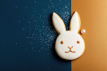 A stylishly captured bunny-head cookie rests on a navy and sand backdrop. Showcasing high-end food photography with a minimalist vibe, it emphasizes contrast and elegance.