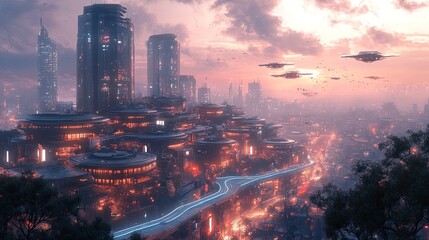 Fototapeta premium Futuristic Cityscape Sunset Digital Art Sci Fi Artwork