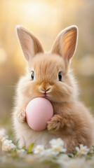 Obraz premium A tiny baby bunny cozies up to a pastel pink Easter egg. Its fluffy beige fur and delicate paws create a heartwarming Springtime scene, reminiscent of Easter celebrations.