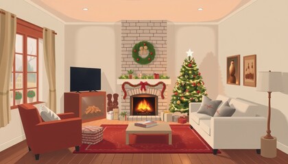 Fireplace crackles cozily in a beautifully styled living room, adorned with a Christmas tree, stockings, and holiday decorations, inviting warmth and cheer during a winter evening