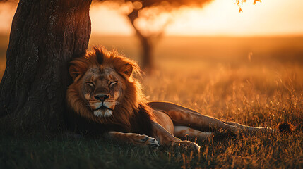 Majestic African Lion Resting at Golden Sunset Wildlife Photography