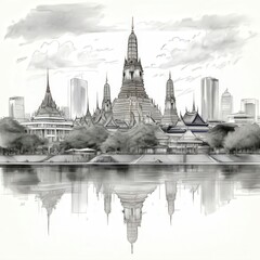 Obraz premium an AI Image Generator, Intricate Drawing of Traditional Temples Amid a Modern Cityscape