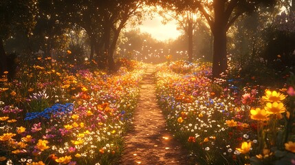 Sunlit flower path, fantasy garden