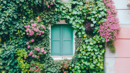 Fototapeta premium Verdant Window: A botanical wonderland with ivy-covered walls and bright pink flowers that embraces a closed blue window