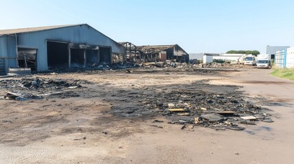 Aftermath of a fire at an industrial complex, showing extensive damage to buildings and debris on the ground.