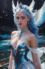 Ethereal Angelic Warrior – Blue-Haired Fantasy Character Portrait.