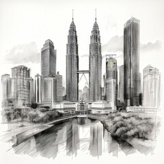 Fototapeta premium an AI Image Generator, Black and White Drawing of Modern Cityscape