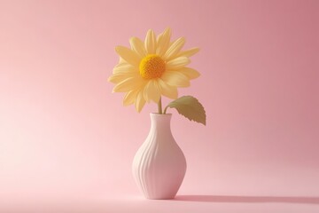 Bright yellow flower in a simple white vase against a soft pink backdrop creates an inviting and cheerful atmosphere