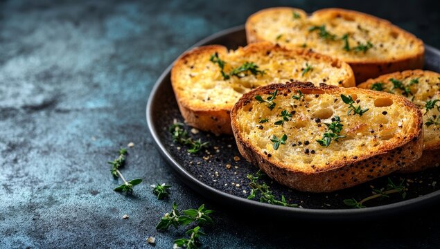 Slices of garlic bread with black pepper and thyme on a plate over a dark background, close-up view. Space for text or product presentation.