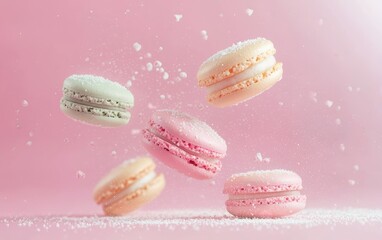 Obraz premium Levitating pastel macarons with glowing sugar dust on candy pink background Easter