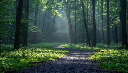 Fototapeta premium Sunlit Path in Misty Forest