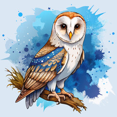 Barn Owl Portrait with Watercolor Splashes – Vibrant Blue Background and Detailed Feathers in Majestic Wildlife Art