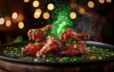 Levitating spicy buffalo wings with glowing green sauce St Patrick Day