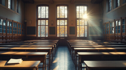 Sunlight floods an empty classroom, casting golden rays across rows of desks in a vintage school setting. exam time