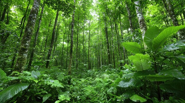 Lush rainforest path, sunlight dappling, biodiversity, nature exploration, eco-tourism