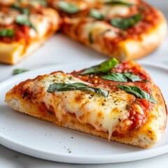 A close-up shot of a freshly baked Pizza Napoletana, sliced into perfect wedges, with a mix of melted mozzarella, tomato sauce, and fresh basil, resting on a white plate.