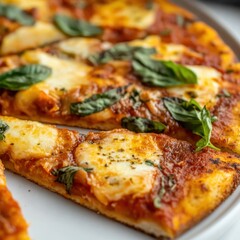 A close-up shot of a freshly baked Pizza Napoletana, sliced into perfect wedges, with a mix of melted mozzarella, tomato sauce, and fresh basil, resting on a white plate.